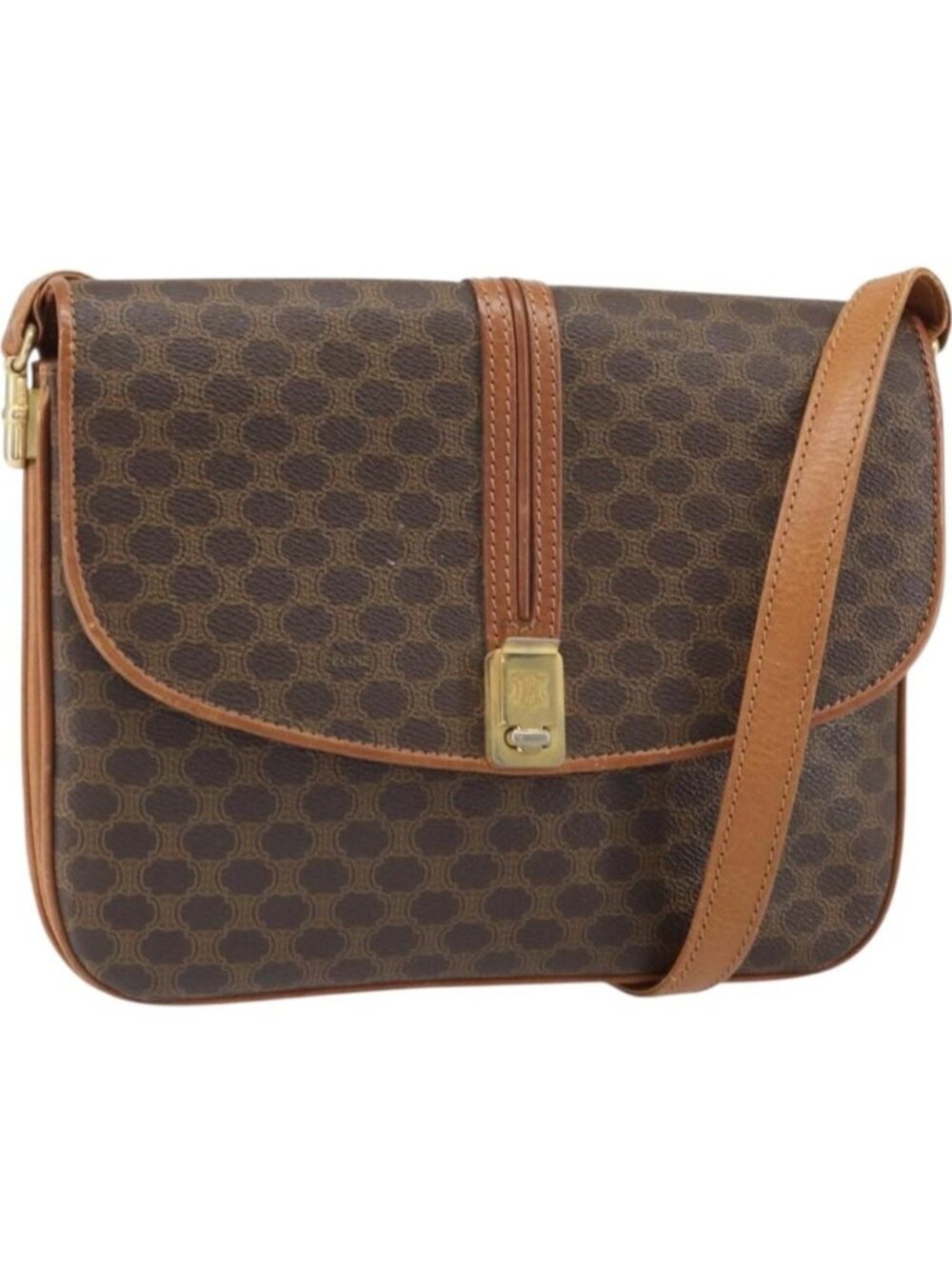 CELINE Macadam Canvas Shoulder Bag PVC Leather Brown Gold